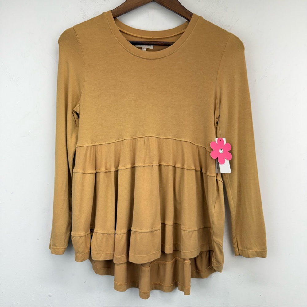 Paper Flower size Large Girls Mustard Yellow Long Sleeve Tiered Ruffle Top NWT